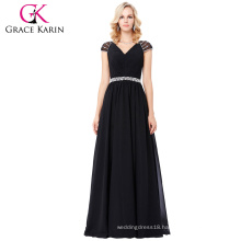 Grace Karin Cap Sleeve V-Neck Black Long Chiffon Prom Dress 8 Size US 2~16 GK000135-1